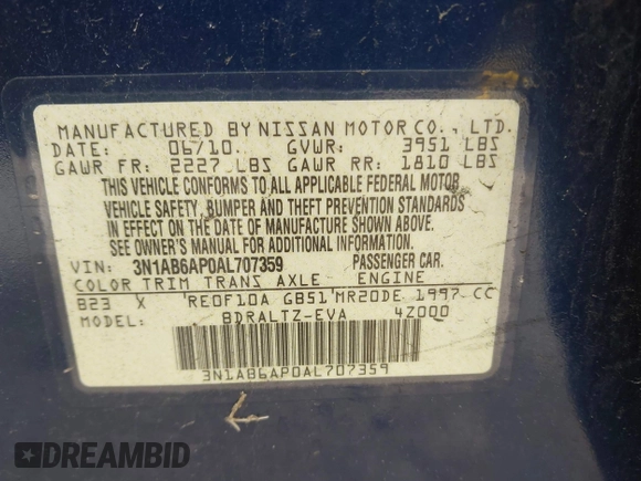 2010 Nissan Sentra SR with VIN 3N1AB6AP0AL707359, listed as a IAAI auction lot 42667512 with 154,890 mi miles and . Bid and sale history available at DreamBid. Image 9.