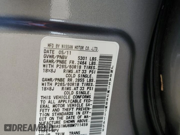 2011 Infiniti FX35 with VIN JN8AS1MU6BM711459, listed as a Copart auction lot 75117754 with 0 mi miles and Salvage Title. Bid and sale history available at carsss.com. Image 13.