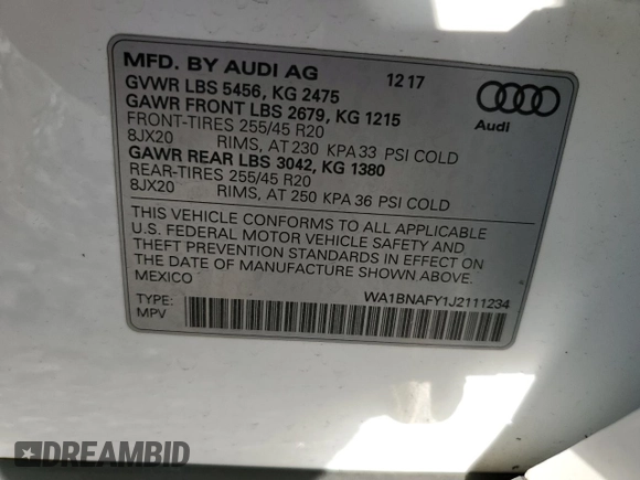 2018 Audi Q5 Premium Plus with VIN WA1BNAFY1J2111234, listed as a Copart auction lot 53334245 with 89,261 mi miles and Salvage Title. Bid and sale history available at carsss.com. Image 13.