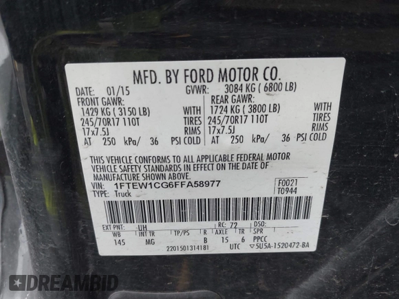 2015 Ford F-150 XL with VIN 1FTEW1CG6FFA58977, listed as a IAAI auction lot 41986637 with 137,823 mi miles. Bid and sale history available at carsss.com. Image 9.