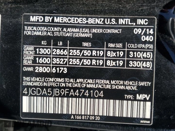 2015 Mercedes-Benz M ML 350 with VIN 4JGDA5JB9FA474104, listed as a Copart auction lot 52978295 with 123,108 mi miles and Clean Title. Bid and sale history available at carsss.com. Image 13.