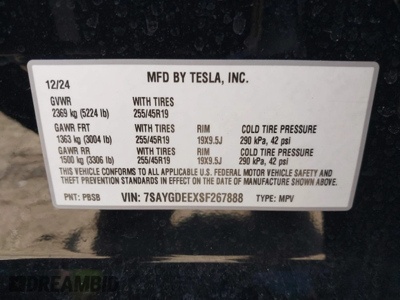 2025 Tesla Model Y Long Range with VIN 7SAYGDEEXSF267888, listed as a IAAI auction lot 41807129 with 3,002 mi miles and . Bid and sale history available at DreamBid. Image 9.