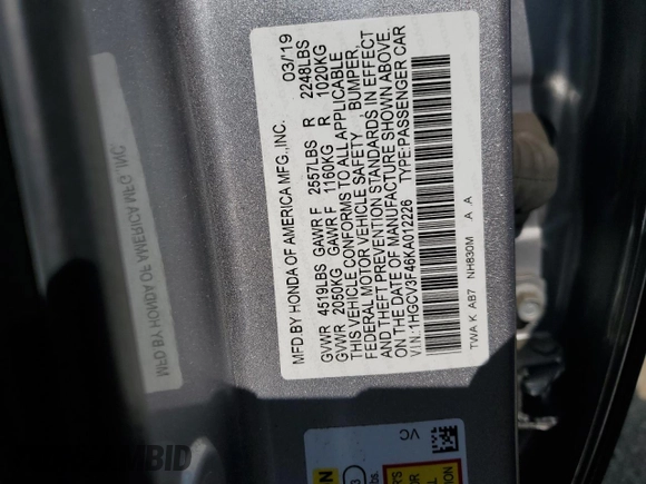 2019 Honda Accord EX with VIN 1HGCV3F46KA012226, listed as a Copart auction lot 59628015 with 56,960 mi miles and Salvage title. Bid and sale history available at DreamBid. Image 12.