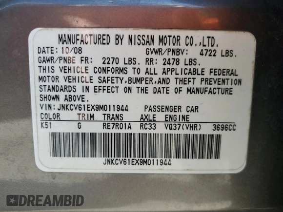 2009 Infiniti G37 Journey with VIN JNKCV61EX9M011944, listed as a Copart auction lot 49956025 with 177,999 mi miles and Salvage Title. Bid and sale history available at DreamBid. Image 13.