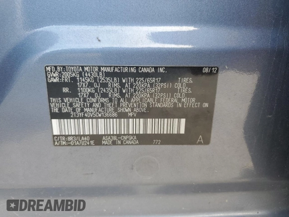 2012 Toyota RAV4 Limited with VIN 2T3YF4DV5CW136686, listed as a Copart auction lot 53797885 with 116,954 mi miles and Salvage title. Bid and sale history available at DreamBid. Image 14.