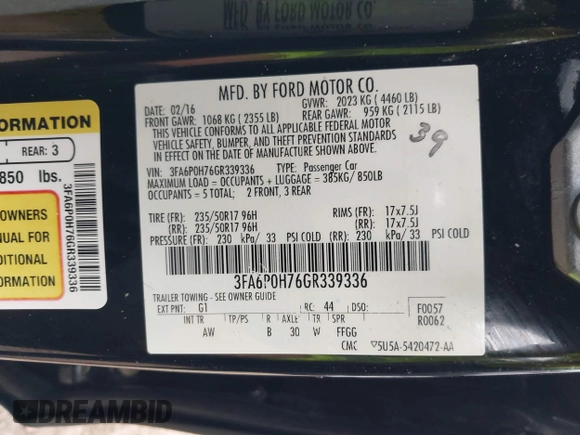 2016 Ford Fusion SE with VIN 3FA6P0H76GR339336, listed as a IAAI auction lot 42525213 with 117,081 mi miles and . Bid and sale history available at DreamBid. Image 9.
