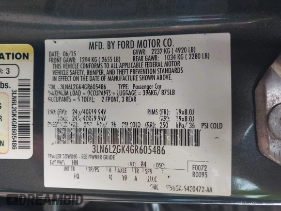 2016 Lincoln MKZ z VIN 3LN6L2GK4GR605486, wystawiony jako IAAI lot #42609084 z przebiegiem Nie podano mil oraz . Historia ofert i sprzedaży dostępna na DreamBid. Obrazek 9.