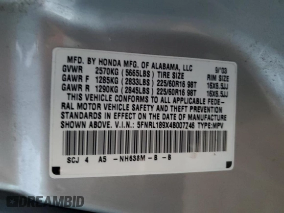 2004 Honda Odyssey EX-L with VIN 5FNRL189X4B007746, listed as a Copart auction lot 47399895 with 196,416 mi miles and Clean Title. Bid and sale history available at DreamBid. Image 13.