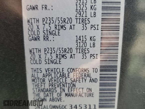 2013 Infiniti JX35 with VIN 5N1AL0MN6DC345311, listed as a Copart auction lot 67188584 with 173,822 mi miles and Salvage Title. Bid and sale history available at carsss.com. Image 14.