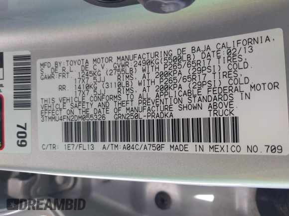 2013 Toyota Tacoma with VIN 3TMMU4FN2DM055326, listed as a IAAI auction lot 42560152 with 198,406 mi miles and . Bid and sale history available at DreamBid. Image 9.