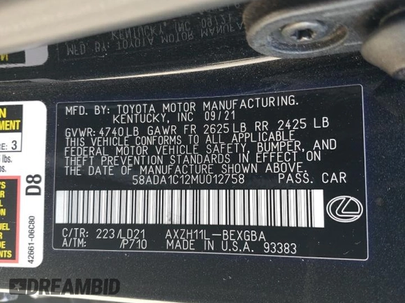 2021 Lexus ES 300h z VIN 58ADA1C12MU012758, wystawiony jako Copart lot #50065485 z przebiegiem 43 605 mil mil oraz Szkoda całkowita • Salvage title. Historia ofert i sprzedaży dostępna na DreamBid. Obrazek 14.