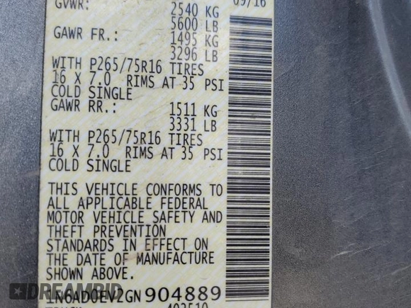 2016 Nissan Frontier S with VIN 1N6AD0EV2GN904889, listed as a Copart auction lot 60054185 with 88,342 mi miles and Salvage title. Bid and sale history available at DreamBid. Image 13.