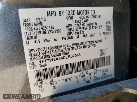 2013 Ford F-250 XL with VIN 1FT7W2A64DEB07945, listed as a Copart auction lot 75471224 with 204,389 mi miles and Clean title. Bid and sale history available at DreamBid. Image 13.
