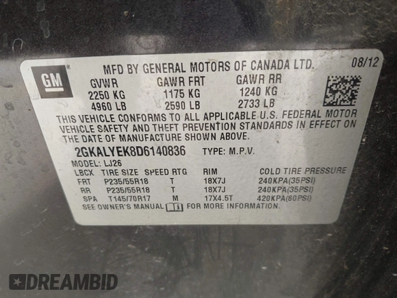 2013 GMC Terrain Denali with VIN 2GKALYEK8D6140836, listed as a IAAI auction lot 41935926 with 183,415 mi miles and . Bid and sale history available at carsss.com. Image 9.