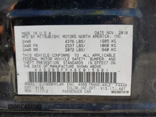 2011 Mitsubishi Galant ES z VIN 4A32B3FFXBE015981, wystawiony jako IAAI lot #42154513 z przebiegiem Nie podano mil oraz . Historia ofert i sprzedaży dostępna na DreamBid. Obrazek 9.
