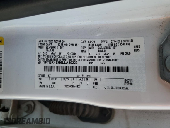 2020 Ford Ranger XL with VIN 1FTER4EH6LLA30222, listed as a Copart auction lot 69712924 with 55,344 mi miles and Salvage Title. Bid and sale history available at DreamBid. Image 14.
