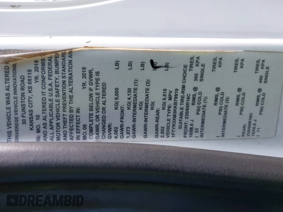 2019 Ford Transit with VIN 1FTYR3XM3KKB79919, listed as a IAAI auction lot 41882092 with 104,494 mi miles and . Bid and sale history available at DreamBid. Image 20.