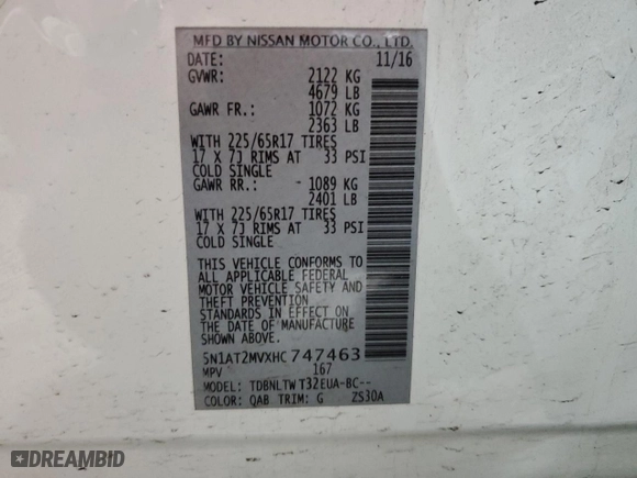2017 Nissan Rogue SL with VIN 5N1AT2MVXHC747463, listed as a Copart auction lot 54387205 with 56,073 mi miles and Salvage Title. Bid and sale history available at carsss.com. Image 13.