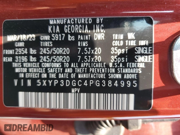 2023 Kia Telluride EX X-Line with VIN 5XYP3DGC4PG384995, listed as a Copart auction lot 59015745 with 32,084 mi miles and Clean title. Bid and sale history available at DreamBid. Image 13.