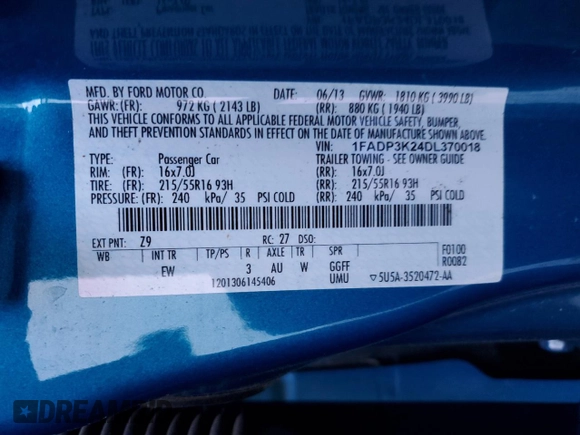 2013 Ford Focus SE with VIN 1FADP3K24DL370018, listed as a Copart auction lot 52604585 with 87,329 mi miles and Clean Title. Bid and sale history available at carsss.com. Image 12.