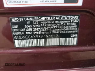 2008 Mercedes-Benz S 550 with VIN WDDNG86X98A194012, listed as a Copart auction lot 57961635 with 158,747 mi miles and Salvage title. Bid and sale history available at DreamBid. Image 12.