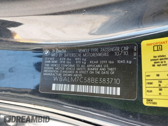 2011 BMW Z4 sDrive35i with VIN WBALM7C58BE383710, listed as a IAAI auction lot 41953452 with 102,510 mi miles. Bid and sale history available at carsss.com. Image 9.