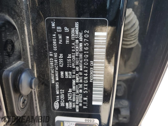 2013 Kia Optima EX with VIN 5XXGN4A70DG165702, listed as a Copart auction lot 64099095 with 171,363 mi miles and Clean title. Bid and sale history available at DreamBid. Image 12.