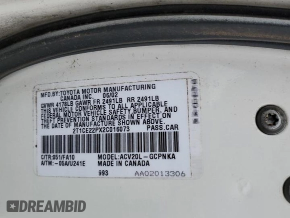 2002 Toyota Solara SE with VIN 2T1CE22PX2C016073, listed as a Copart auction lot 47966775 with 230,693 mi miles and Salvage title. Bid and sale history available at DreamBid. Image 14.