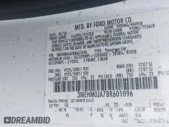 2011 Mercury Milan Premier with VIN 3MEHM0JA7BR601096, listed as a IAAI auction lot 42419341 with 107,977 mi miles and . Bid and sale history available at DreamBid. Image 9.