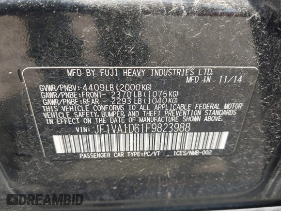 2015 Subaru WRX Premium with VIN JF1VA1D61F9823988, listed as a IAAI auction lot 42503328 with 108,920 mi miles and . Bid and sale history available at DreamBid. Image 9.