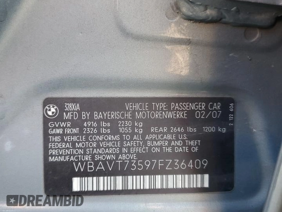 2007 BMW 3 Series 328xi z VIN WBAVT73597FZ36409, wystawiony jako Copart lot #61231975 z przebiegiem 236 005 mil mil oraz Szkoda całkowita • Salvage title. Historia ofert i sprzedaży dostępna na DreamBid. Obrazek 12.