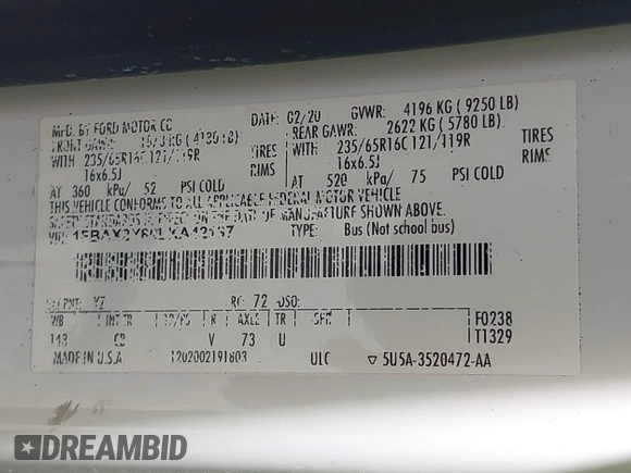 2020 Ford Transit Passenger XL with VIN 1FBAX2Y80LKA42137, listed as a IAAI auction lot 42802902 with 59,540 mi miles and . Bid and sale history available at DreamBid. Image 9.