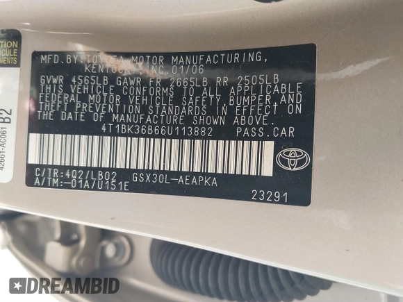 2006 Toyota Avalon XL with VIN 4T1BK36B66U113882, listed as a IAAI auction lot 41651766 with 80,377 mi miles and . Bid and sale history available at DreamBid. Image 9.