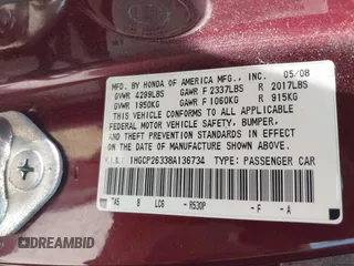 2008 Honda Accord LX z VIN 1HGCP26338A136734, wystawiony jako IAAI lot #42169515 z przebiegiem 358 037 mil mil oraz . Historia ofert i sprzedaży dostępna na DreamBid. Obrazek 9.