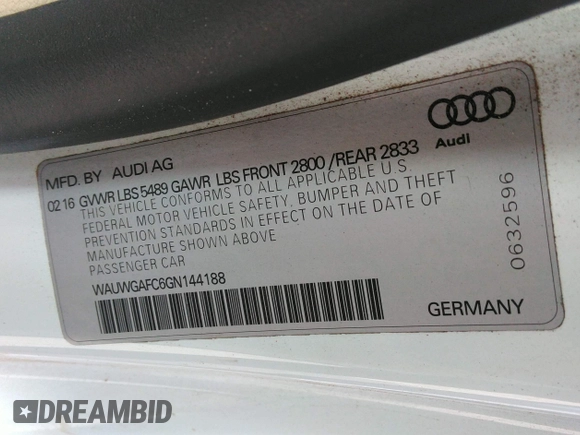 2016 Audi A7 3.0 Premium Plus with VIN WAUWGAFC6GN144188, listed as a IAAI auction lot 41824927 with 128,379 mi miles. Bid and sale history available at carsss.com. Image 9.