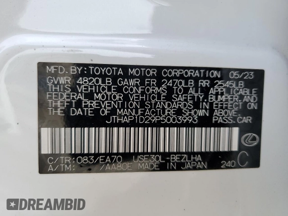 2023 Lexus IS with VIN JTHAP1D29P5003993, listed as a Copart auction lot 51989015 with 5,297 mi miles and Salvage Title. Bid and sale history available at carsss.com. Image 15.