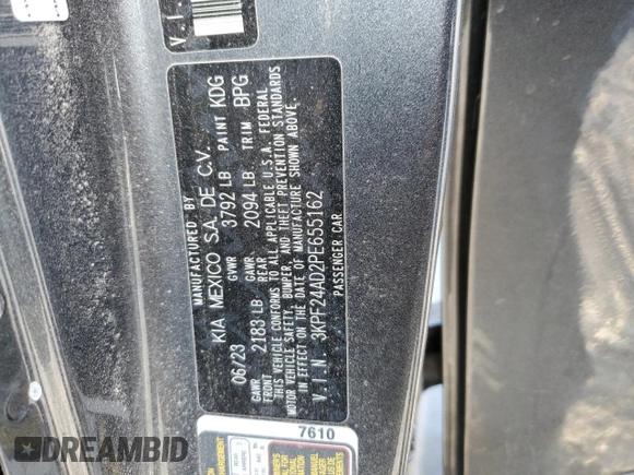 2023 Kia Forte LXS with VIN 3KPF24AD2PE655162, listed as a Copart auction lot 85449114 with 14,730 mi miles and Salvage Title. Bid and sale history available at carsss.com. Image 13.