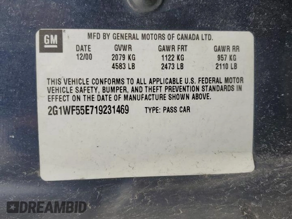 2001 Chevrolet Impala with VIN 2G1WF55E719231469, listed as a Copart auction lot 47845525 with 196,589 mi miles and Salvage Title. Bid and sale history available at DreamBid. Image 12.