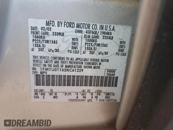 2002 Ford Escape XLS Choice with VIN 1FMYU01162KC61229, listed as a Copart auction lot 41985085 with 74,203 mi miles and Salvage title. Bid and sale history available at DreamBid. Image 13.