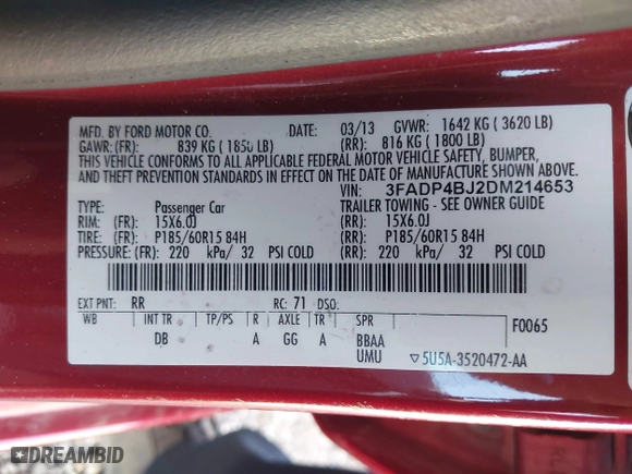 2013 Ford Fiesta SE with VIN 3FADP4BJ2DM214653, listed as a IAAI auction lot 41714486 with 127,906 mi miles. Bid and sale history available at carsss.com. Image 9.
