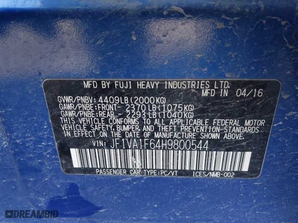 2017 Subaru WRX Premium with VIN JF1VA1F64H9800544, listed as a IAAI auction lot 41556196 with 86,851 mi miles. Bid and sale history available at carsss.com. Image 9.