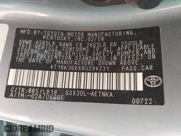 2008 Toyota Avalon XL with VIN 4T1BK36BX8U294231, listed as a IAAI auction lot 41655137 with 119,847 mi miles. Bid and sale history available at carsss.com. Image 9.