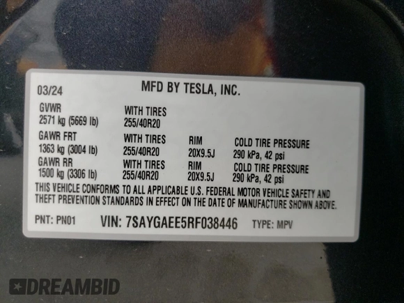 2024 Tesla Model Y Long Range with VIN 7SAYGAEE5RF038446, listed as a Copart auction lot 48868025 with 10,410 mi miles and Salvage Title. Bid and sale history available at DreamBid. Image 15.