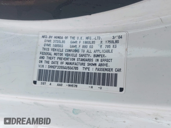 2004 Honda Civic Si with VIN SHHEP33554U504785, listed as a IAAI auction lot 42250257 with 223,079 mi miles and . Bid and sale history available at DreamBid. Image 9.