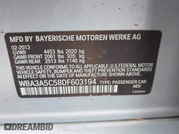 2013 BMW 3 Series 328i with VIN WBA3A5C58DF603194, listed as a IAAI auction lot 41831418 with 172,046 mi miles. Bid and sale history available at carsss.com. Image 9.