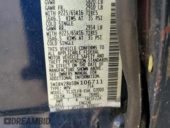 2008 Nissan Quest with VIN 5N1BV28U38N106711, listed as a Copart auction lot 83055694 with 188,961 mi miles and Salvage Title. Bid and sale history available at carsss.com. Image 13.