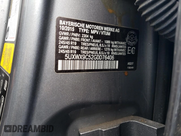 2016 BMW X3 xDrive28i with VIN 5UXWX9C52G0D76406, listed as a Copart auction lot 47112535 with Not Provided miles and Non Repairable. Bid and sale history available at DreamBid. Image 14.
