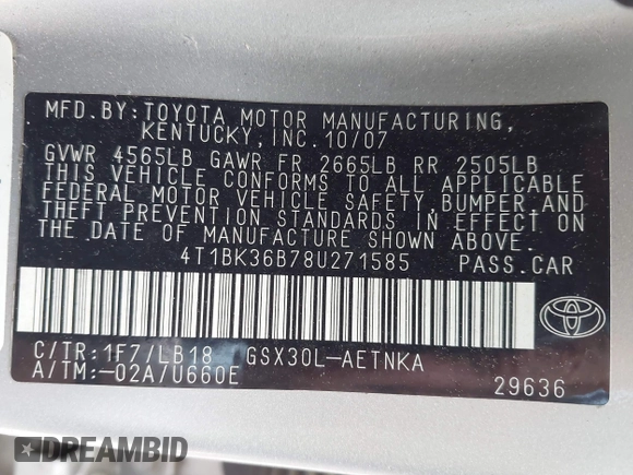 2008 Toyota Avalon XL with VIN 4T1BK36B78U271585, listed as a IAAI auction lot 42088439 with 360,080 mi miles and . Bid and sale history available at carsss.com. Image 9.