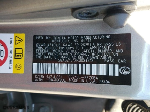 2019 Lexus ES with VIN 58ABZ1B1XKU034313, listed as a Copart auction lot 70749884 with 75,621 mi miles and Salvage Title. Bid and sale history available at carsss.com. Image 12.