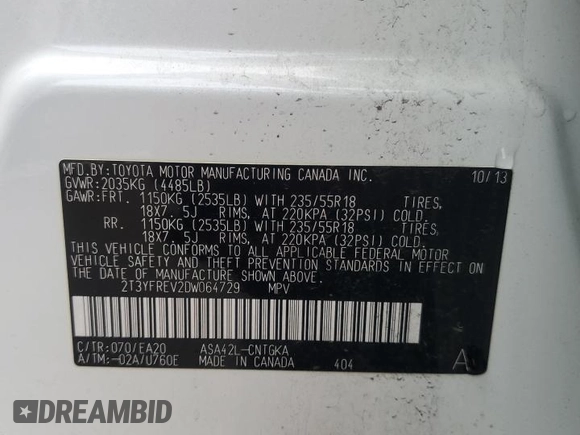 2013 Toyota RAV4 Limited with VIN 2T3YFREV2DW064729, listed as a Copart auction lot 60028075 with 149,599 mi miles and Salvage title. Bid and sale history available at DreamBid. Image 14.